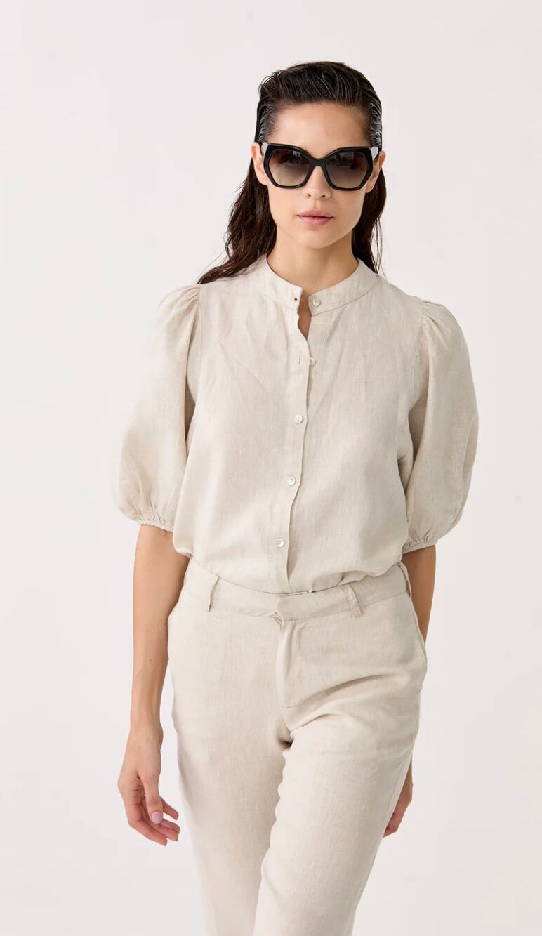 Lanhtropy Top Small Bubble Linen Shirt in Natural Balloon Sleeve Minimalist Chic